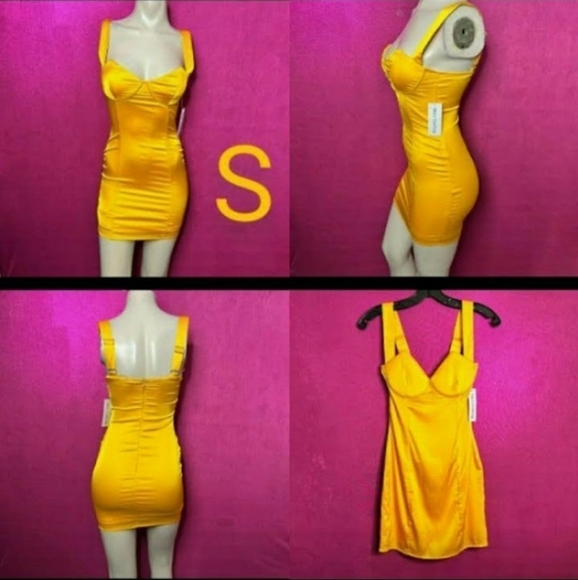 🆕Sexy Yellow Satin Silky Night Out Mini Dress  Size S - Picture 2 of 12